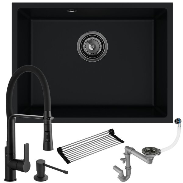 Zlew granitowy czarny Crypton 60: bateria + syfon + dozownik + mata