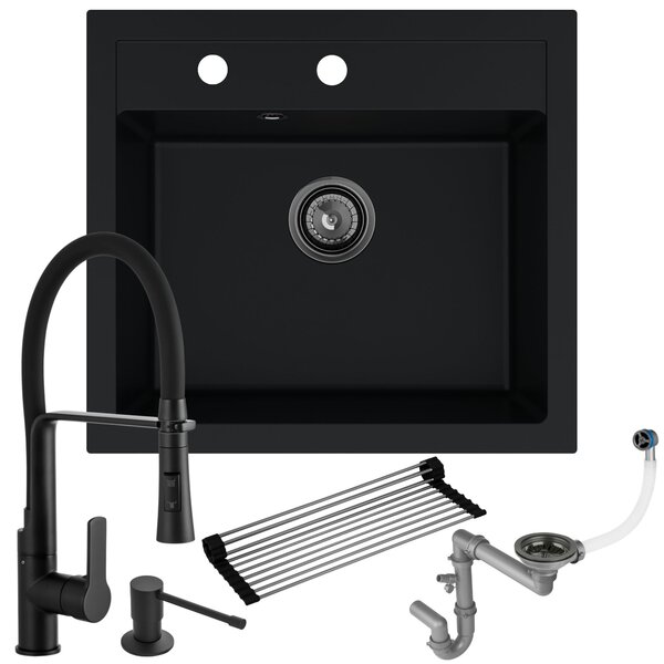Zlew granitowy czarny Ferrum 1K60: bateria + dozownik + syfon + mata