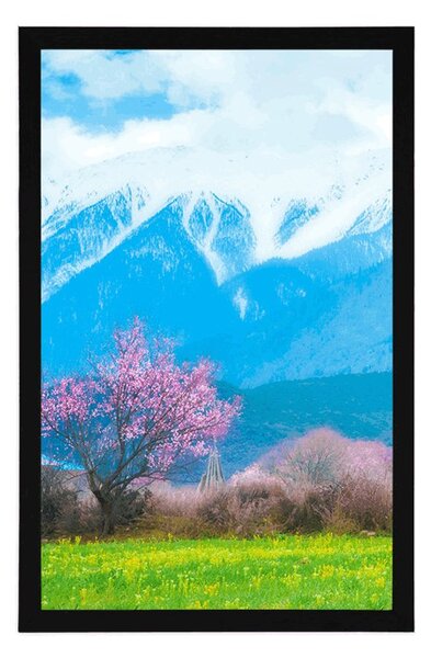 Plakat magiczne drzewo w środku gór