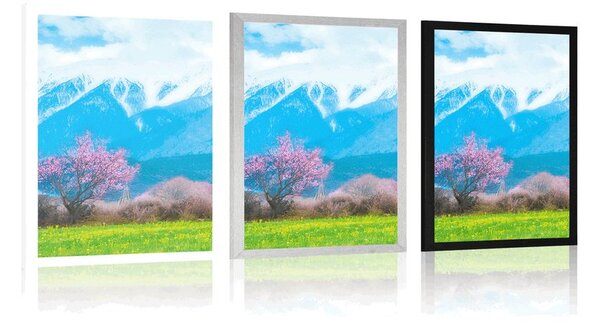 Plakat magiczne drzewo w środku gór