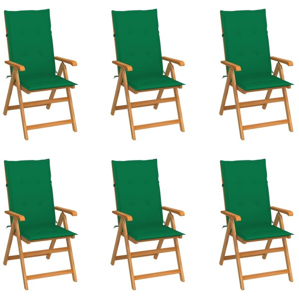 Krzesła ogrodowe, zielone poduszki, 6 szt., drewno tekowe