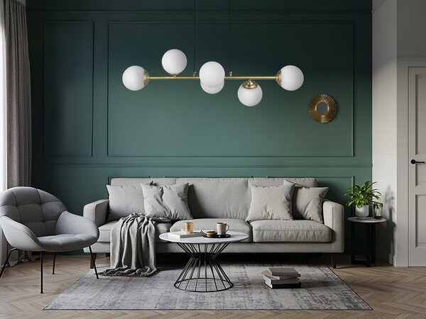 LAMPA WISZĄCA SUFITOWA NOWOCZESNA ZŁOTO SZCZOTKOWANE BIAŁE KULE FINO 6 LED