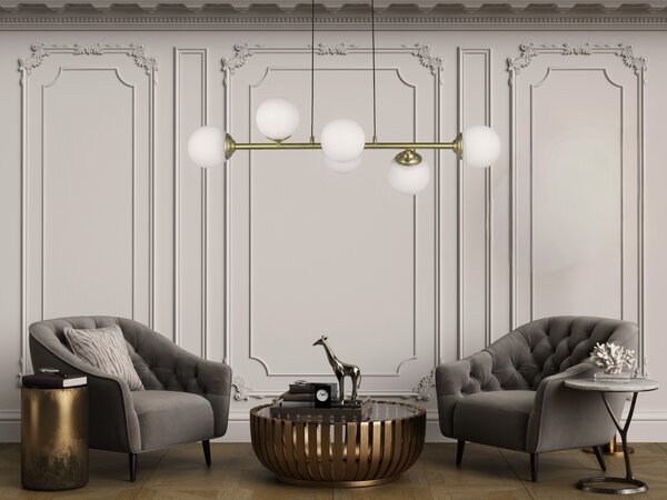 LAMPA WISZĄCA SUFITOWA NOWOCZESNA ZŁOTO SZCZOTKOWANE BIAŁE KULE FINO 6 LED