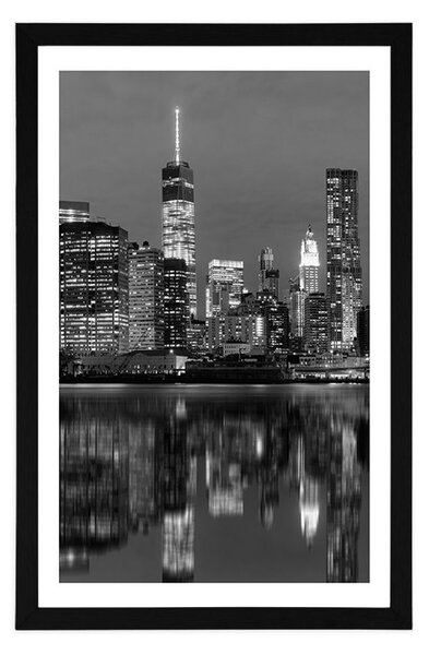 Plakat z passe-partout odbicie Manhattanu w wodzie w czerni i bieli