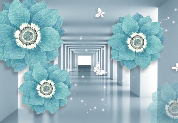 Fototapeta - Kwiaty 3D z motylami (196x136 cm)