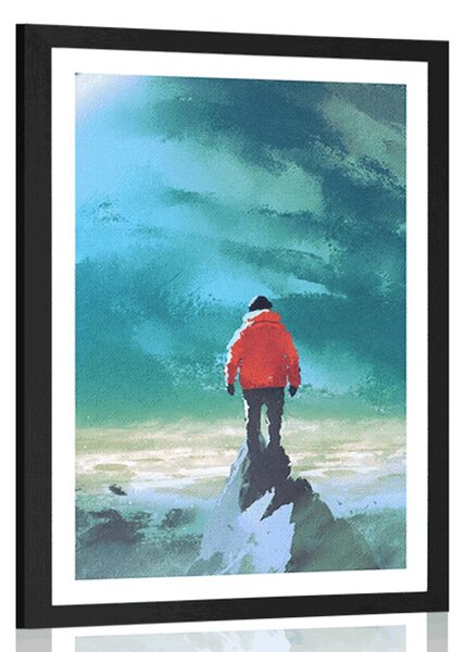 Plakat z passe-partout mężczyzna na szczycie góry