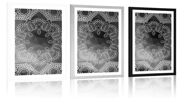 Plakat z passe-partout czarno-biała Mandala