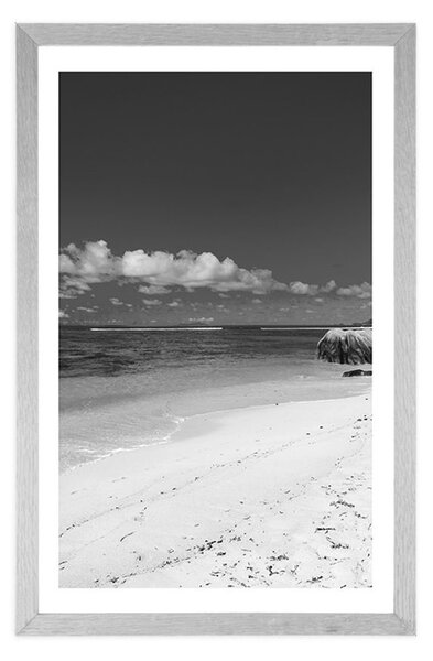 Plakat z passe-partout czarno-biała plaża Anse Source