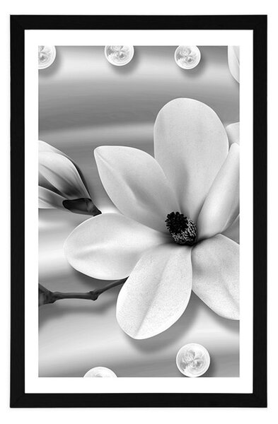 Plakat z passe-partout luksusowa magnolia z perłami w czarno-białym kolorze