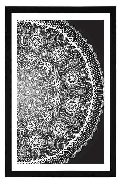 Plakat z passe-partout ozdobna mandala z koronką w czarno-białym kolorze