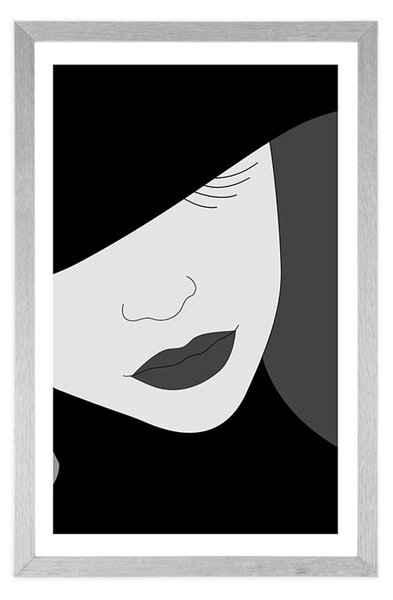 Plakat z passe-partout elegancka dama w kapeluszu w czerni i bieli