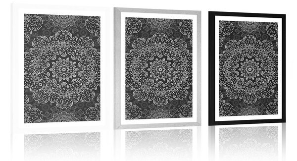 Plakat z passe-partout Mandala z abstrakcyjnym wzorem w czerni i bieli