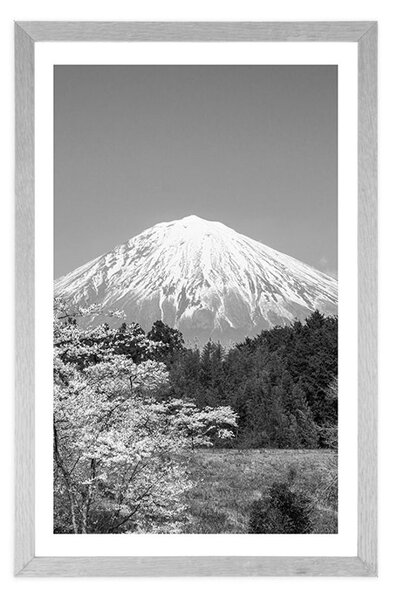 Plakat z passe-partout wulkan Fuji w czerni i bieli