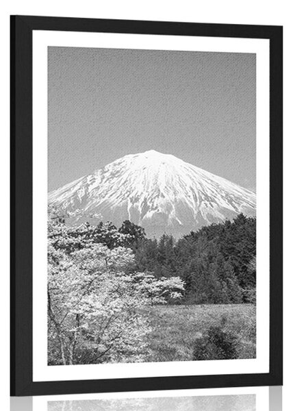 Plakat z passe-partout wulkan Fuji w czerni i bieli
