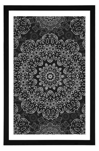 Plakat z passe-partout Mandala z abstrakcyjnym wzorem w czerni i bieli