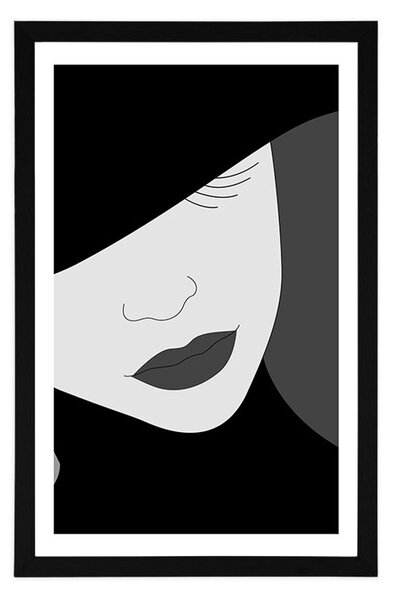 Plakat z passe-partout elegancka dama w kapeluszu w czerni i bieli