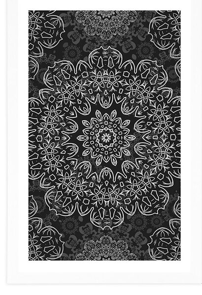 Plakat z passe-partout Mandala z abstrakcyjnym wzorem w czerni i bieli