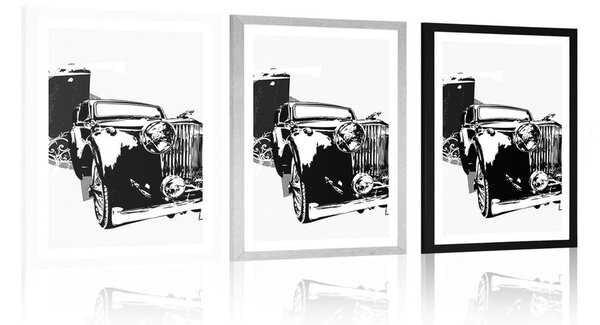 Plakat z passe-partout retro auto z abstrakcją w czerni i bieli