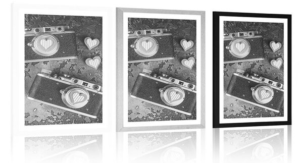 Plakat z passe-partout dwa retro aparaty fotograficzne w czerni i bieli