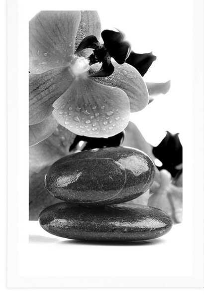 Plakat z passe-partout kamienie spa i orchidea w czerni i bieli