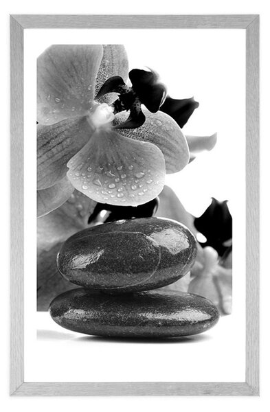 Plakat z passe-partout kamienie spa i orchidea w czerni i bieli