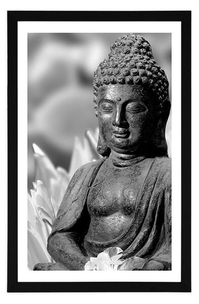 Plakat z passe-partout sokojny Budda w czerni i bieli