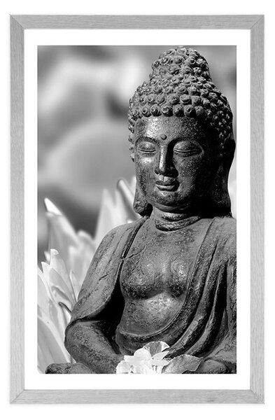 Plakat z passe-partout sokojny Budda w czerni i bieli