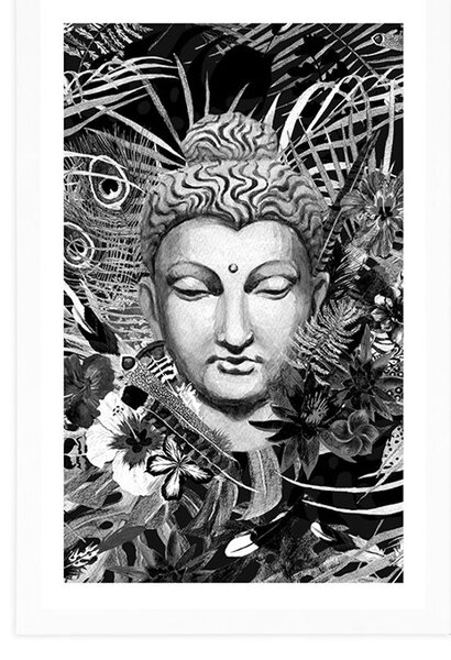 Plakat z passe-partout Budda na egzotyznym tle w czerni i bieli