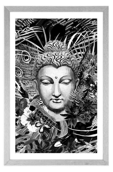 Plakat z passe-partout Budda na egzotyznym tle w czerni i bieli