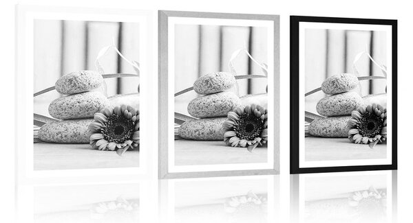 Plakat z passe-partout medytacja i wellness martwa natura w czerni i bieli