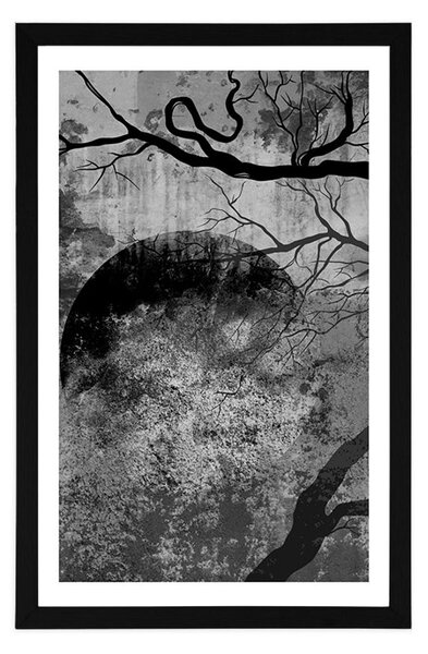 Plakat z passe-partout surrealistyczne drzewa w czerni i bieli