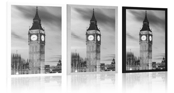 Plakat Big Ben w Londynie nocą w czerni i bieli
