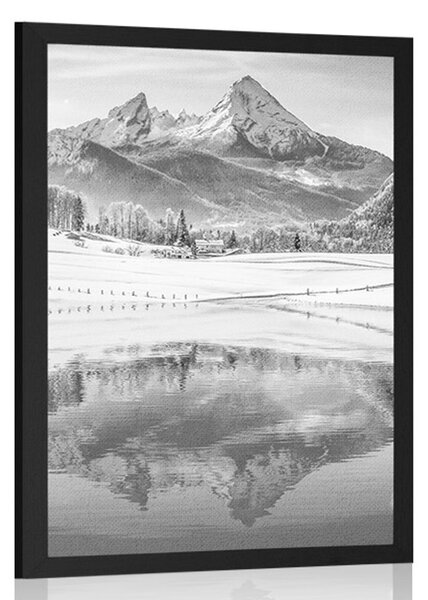 Plakat śnieżny krajobraz w Alpach w czerni i bieli