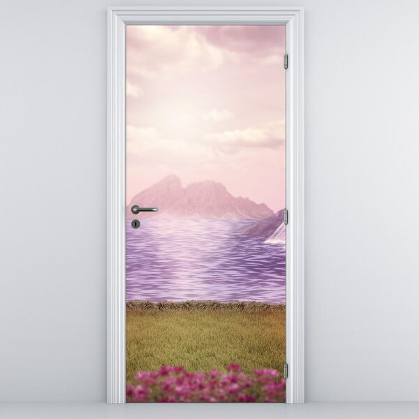 Fototapeta na drzwi - Różowe drzewa z jeziorem (95x205cm)