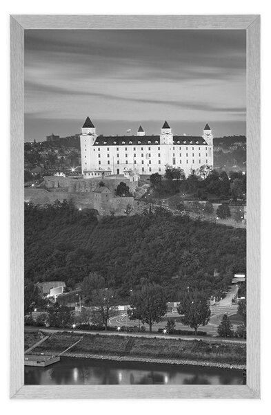 Plakat widok na zamek w Bratysławie w czerni i bieli