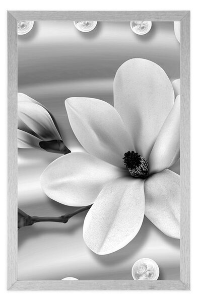 Plakat luksusowa magnolia z perłami w czerni i bieli