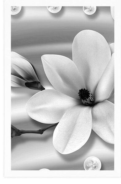 Plakat luksusowa magnolia z perłami w czerni i bieli