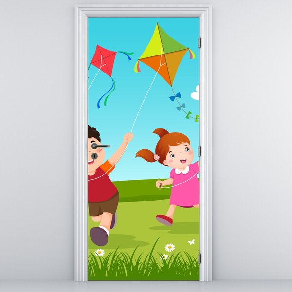 Fototapeta na drzwi - Dzieci puszczające latawca (95x205cm)