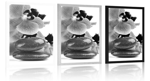 Plakat spa kamienie i orchidea czerni i bieli