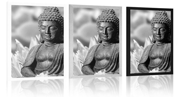 Plakat spokojny Budda w czerni i bieli