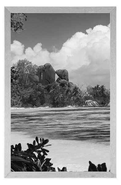 Plakat piękna plaża na wyspie La Digue w czerni i bieli