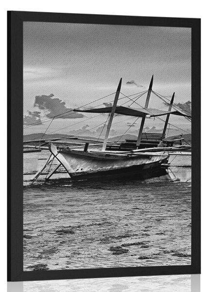 Plakat łodzie o zachodzie słońca w czerni i bieli