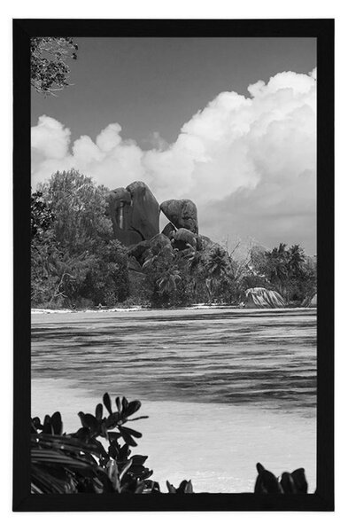 Plakat piękna plaża na wyspie La Digue w czerni i bieli