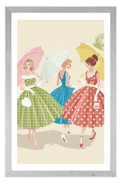 Plakat z passe-partout retro damy z parasolami
