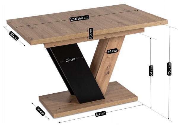 Stół Prostokątny Rozkładany CLARK 120-160 cm Dąb Artisan/Czarny Nowoczesny Loft