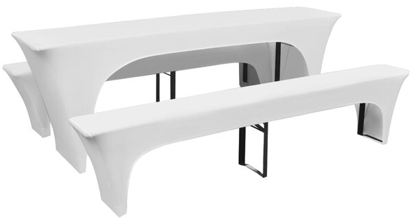 3 białe, rozciągliwe pokrowce na stół i ławki 220 x 70 x 80 cm