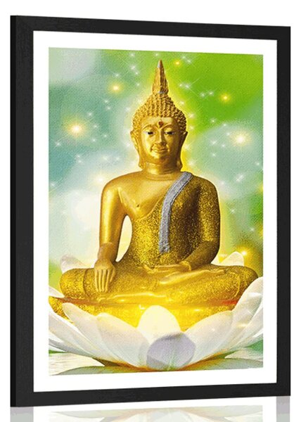 Plakat z passe-partout złoty Budda na kwiecie lotosu
