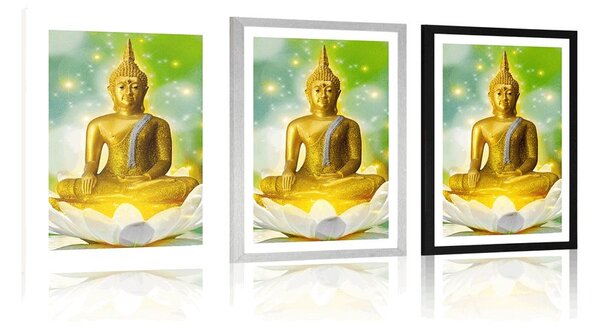 Plakat z passe-partout złoty Budda na kwiecie lotosu