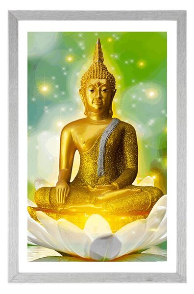 Plakat z passe-partout złoty Budda na kwiecie lotosu