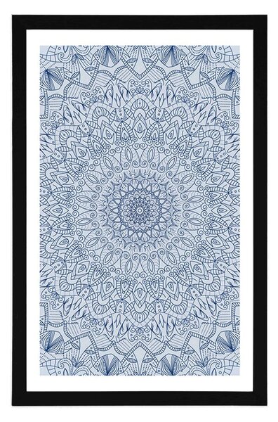 Plakat z passe-partout szczegółowa dekoracyjna Mandala w niebieskim kolorze